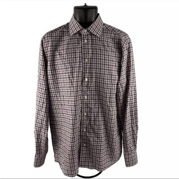 Mens Eton Contemporary Button Up Dress Shirt Sz 16-1/2 Large 42 Wine Blue Plaid - Picture 6 of 7